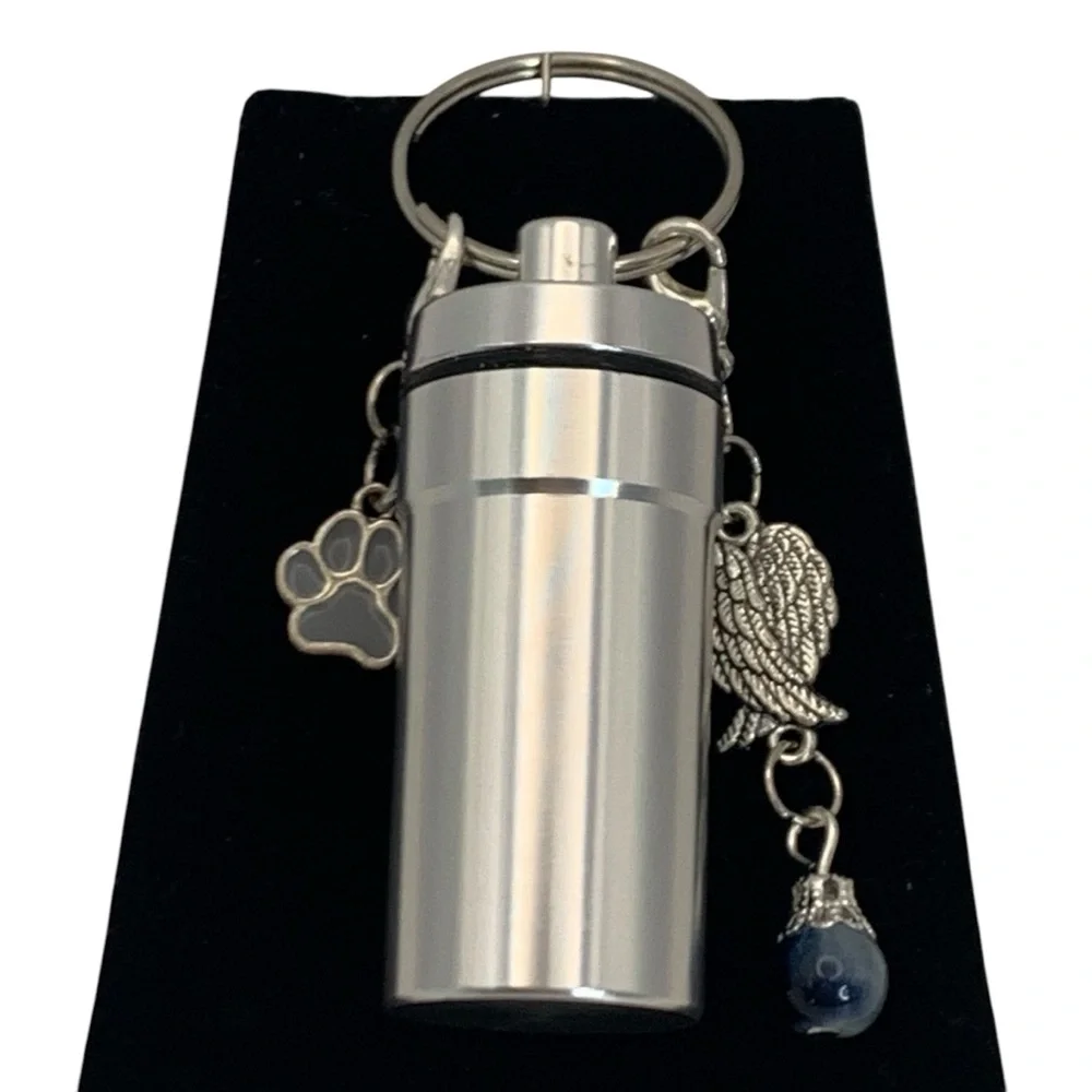 Pet Cremation Urn Silver Stainless Steel Memorial Keepsake Cylinder Keychain
